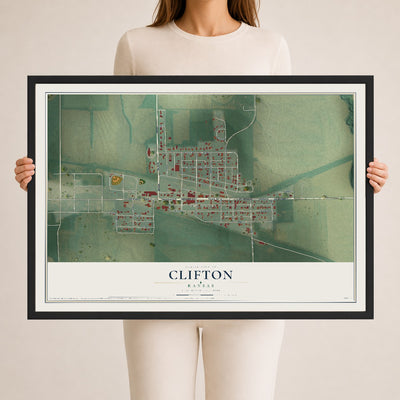 Map of Clifton, Kansas, 24 x 36 inch print in a black wood frame
