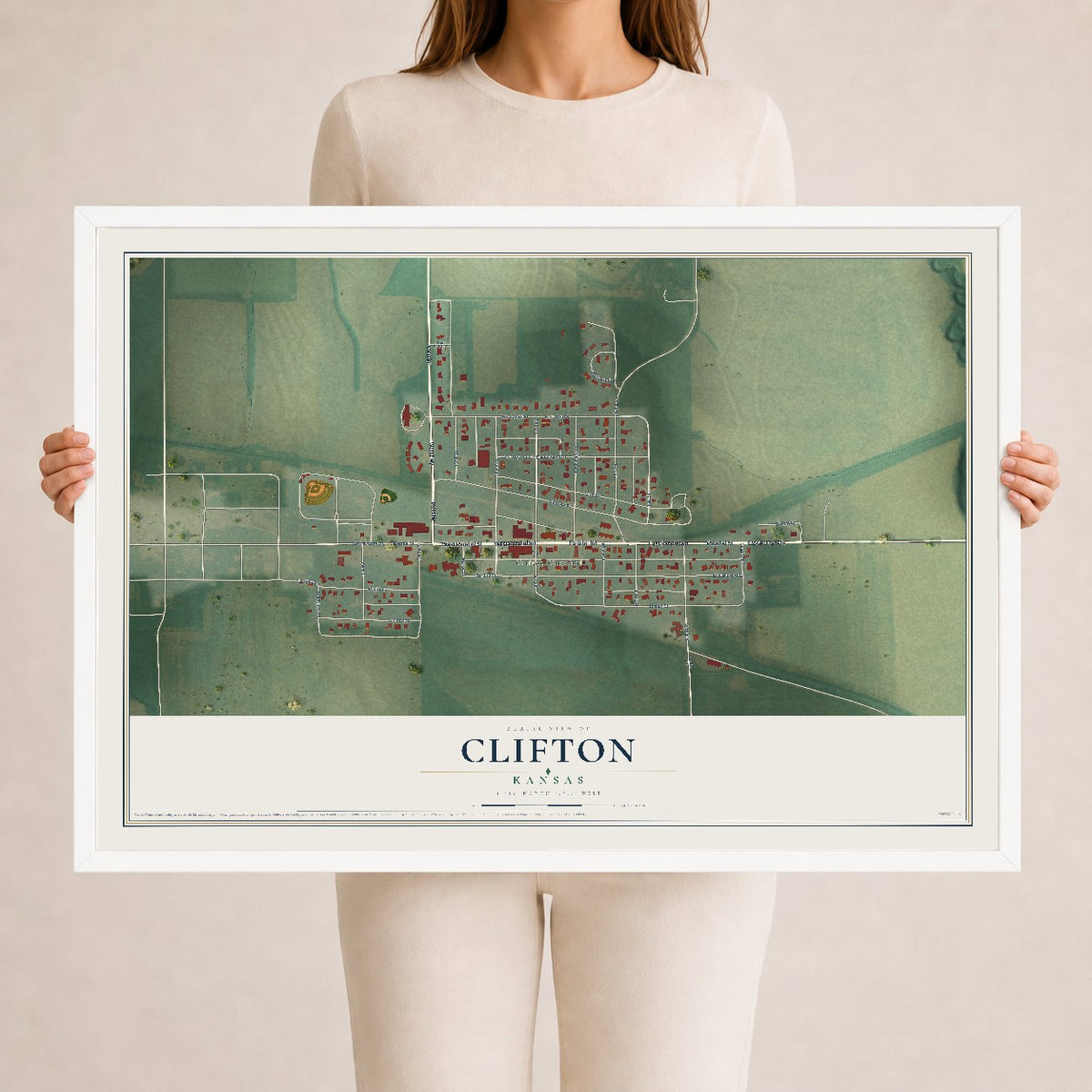 Map of Clifton, Kansas, 24 x 36 inch print in a white wood frame