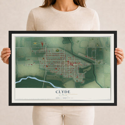 Map of Clyde, Kansas, 12 x 18 inch print in a black wood frame