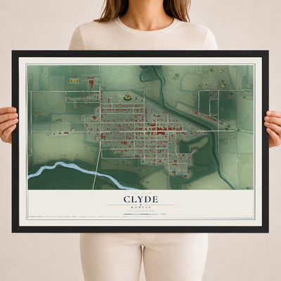 Map of Clyde, Kansas, 18 x 24 inch print in a black wood frame