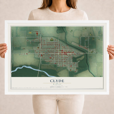 Map of Clyde, Kansas, 18 x 24 inch print in a white wood frame