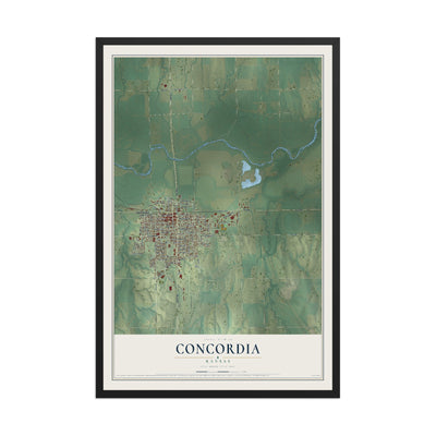 Map of Concordia, Kansas, 12 x 18 inch print in a black wood frame