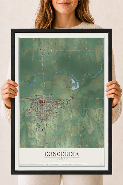Map of Concordia, Kansas, 18 x 24 inch print in a black wood frame