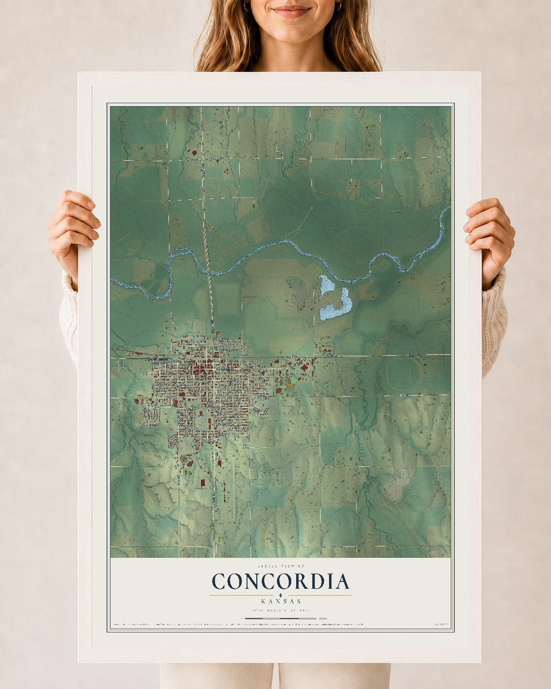 Map of Concordia, Kansas, 24 x 36 inch print in a white wood frame