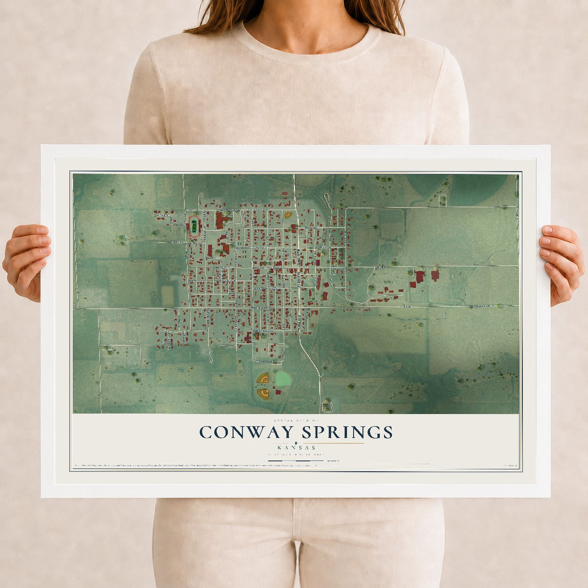 Map of Conway Springs, Kansas, 12 x 18 inch print in a white wood frame