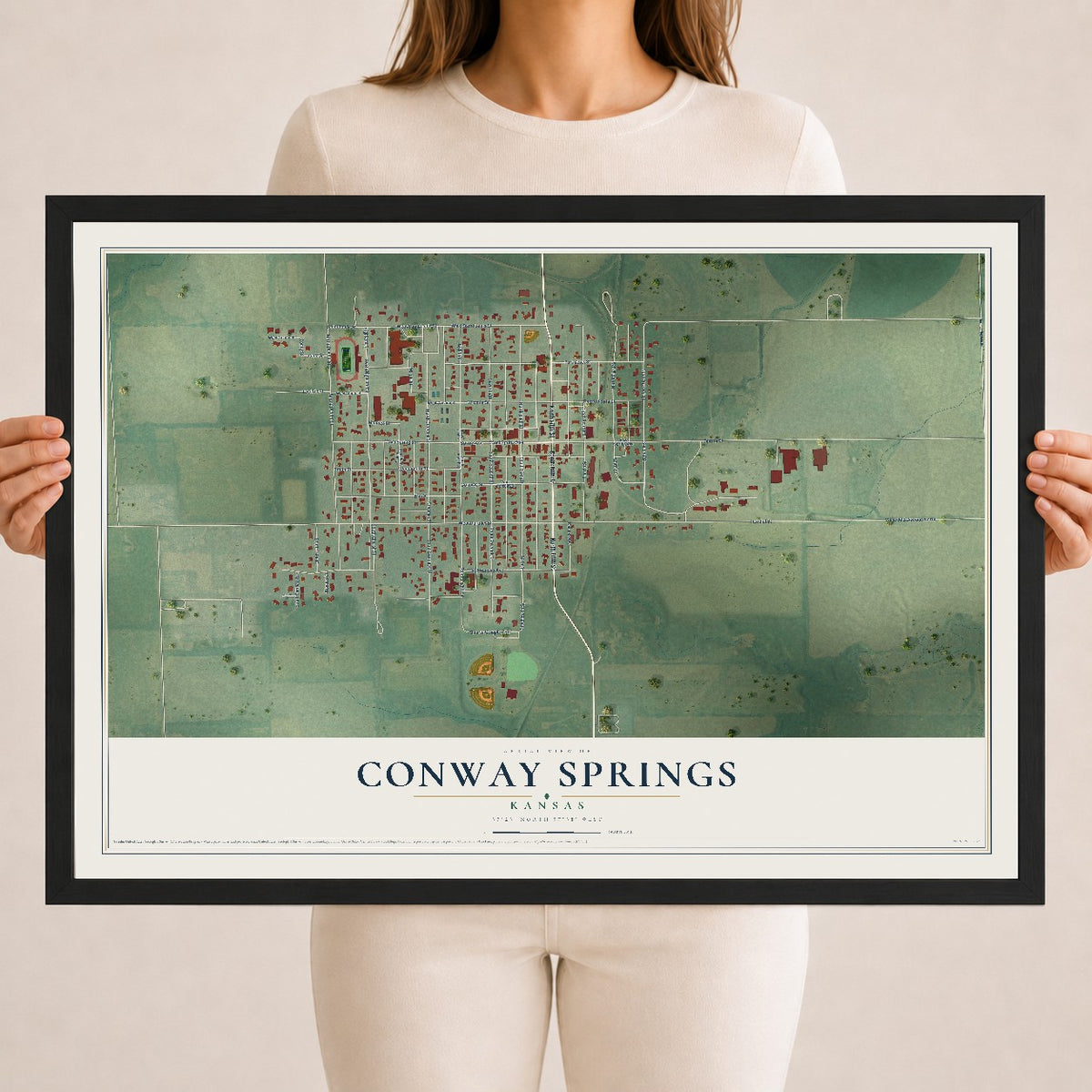 Map of Conway Springs, Kansas, 18 x 24 inch print in a black wood frame