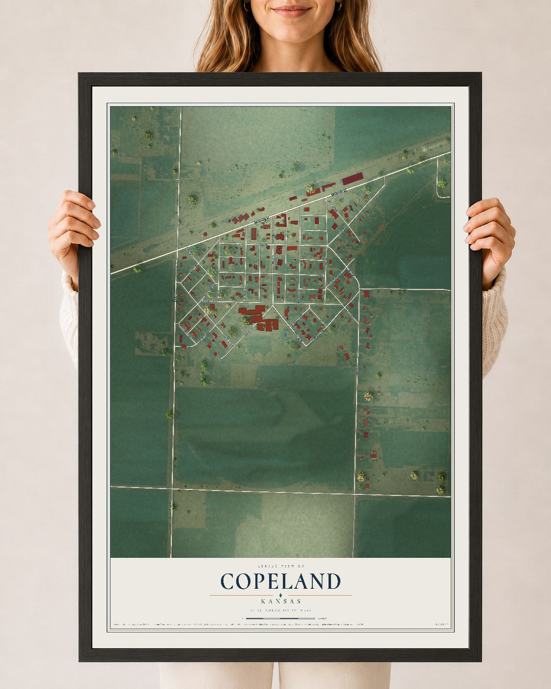Map of Copeland, Kansas, 24 x 36 inch print in a black wood frame