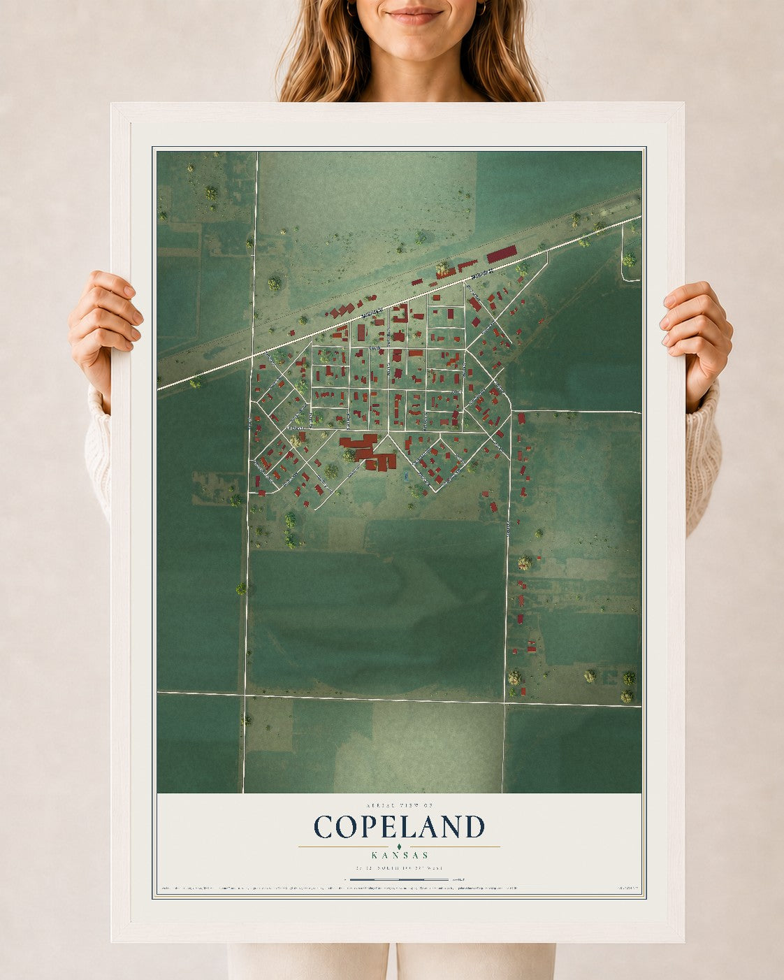 Map of Copeland, Kansas, 24 x 36 inch print in a white wood frame