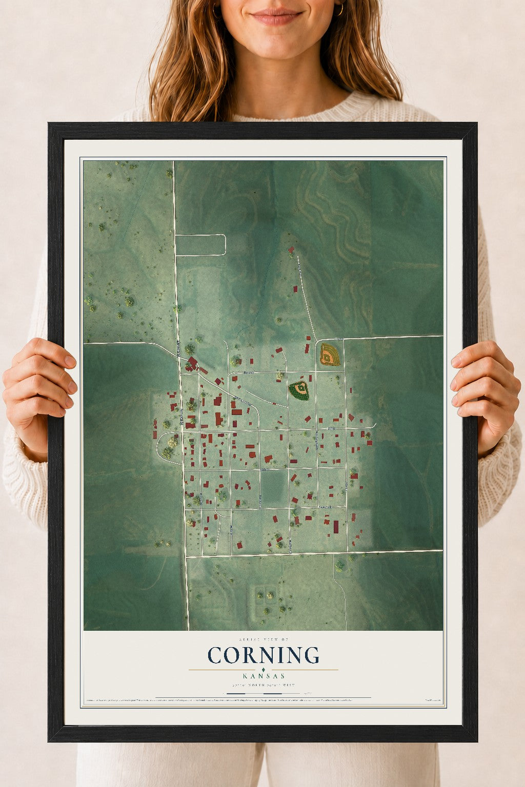Map of Corning, Kansas, 18 x 24 inch print in a black wood frame