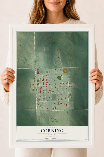 Map of Corning, Kansas, 18 x 24 inch print in a white wood frame