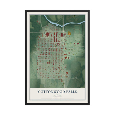 Map of Cottonwood Falls, Kansas, 12 x 18 inch print in a black wood frame