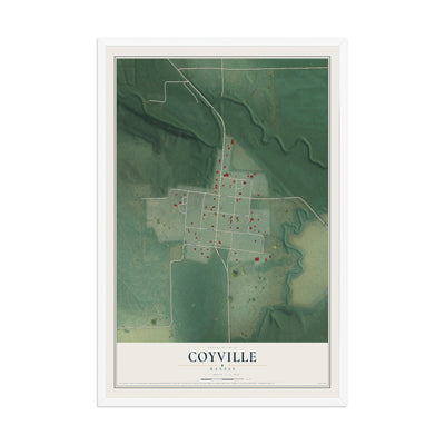 Map of Coyville, Kansas, 12 x 18 inch print in a white wood frame