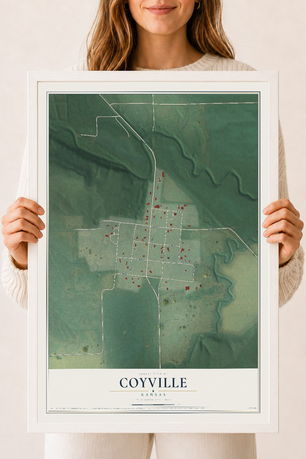Map of Coyville, Kansas, 18 x 24 inch print in a white wood frame