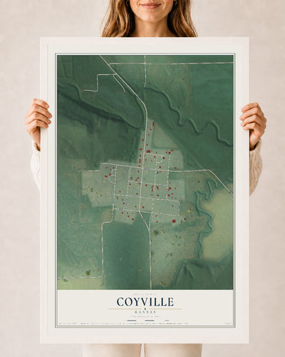 Map of Coyville, Kansas, 24 x 36 inch print in a white wood frame