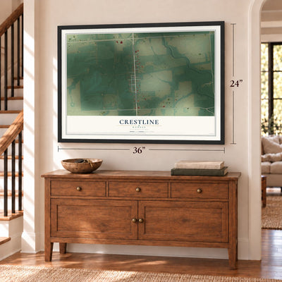 Crestline, Kansas map, 24 x 36 inch print in a black frame above a dresser by a staircase
