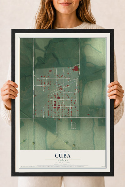 Map of Cuba, Kansas, 18 x 24 inch print in a black wood frame