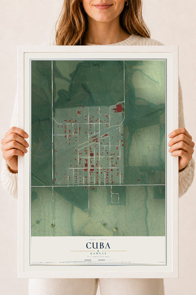 Map of Cuba, Kansas, 18 x 24 inch print in a white wood frame