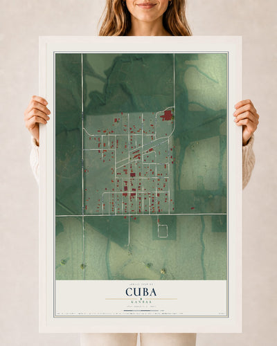 Map of Cuba, Kansas, 24 x 36 inch print in a white wood frame