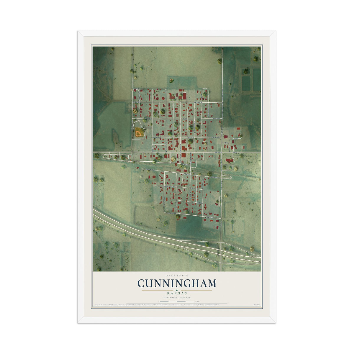 Map of Cunningham, Kansas, 12 x 18 inch print in a white wood frame