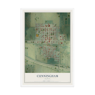 Map of Cunningham, Kansas, 12 x 18 inch print in a white wood frame
