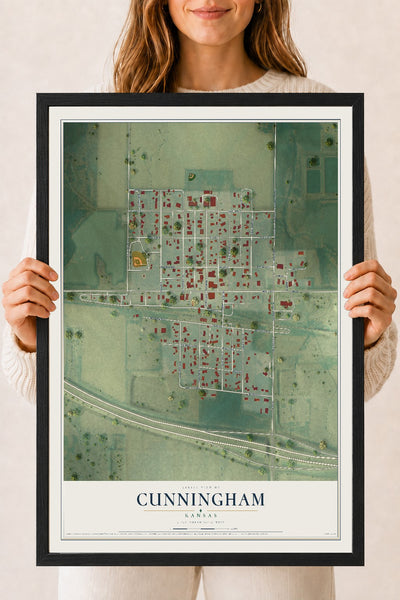 Map of Cunningham, Kansas, 18 x 24 inch print in a black wood frame