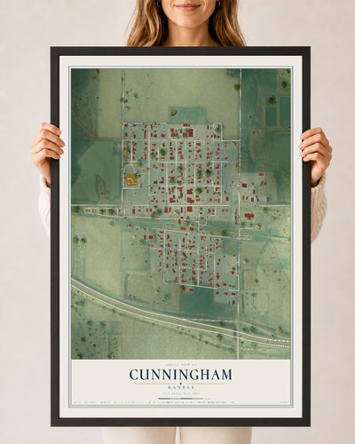 Map of Cunningham, Kansas, 24 x 36 inch print in a black wood frame