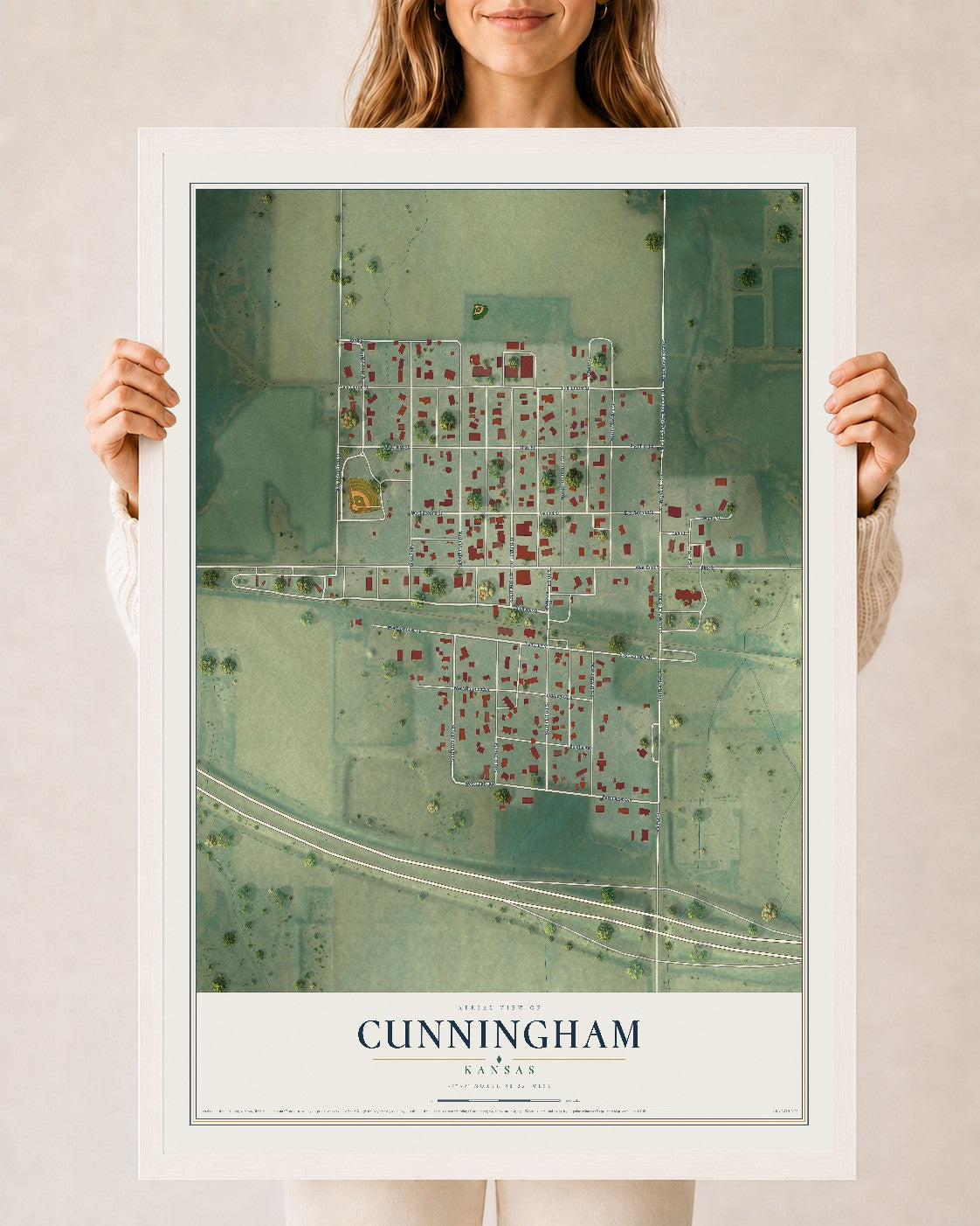 Map of Cunningham, Kansas, 24 x 36 inch print in a white wood frame