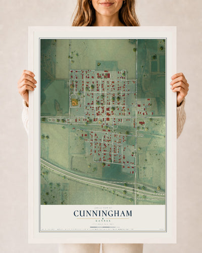 Map of Cunningham, Kansas, 24 x 36 inch print in a white wood frame
