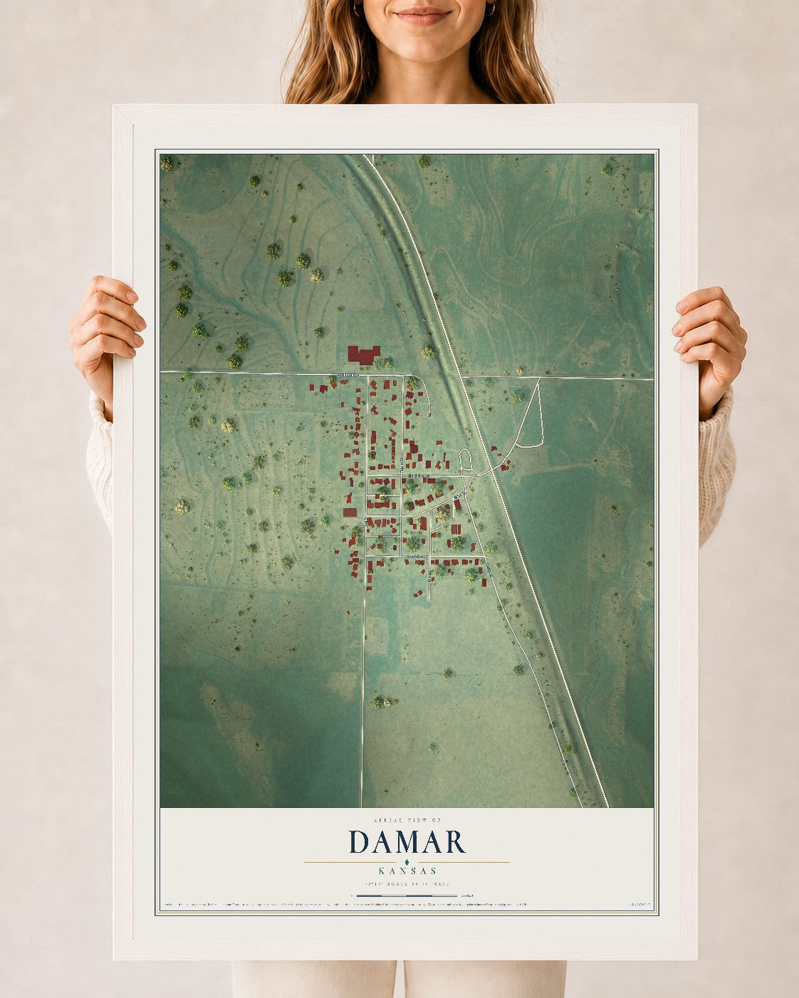 Map of Damar, Kansas, 24 x 36 inch print in a white wood frame