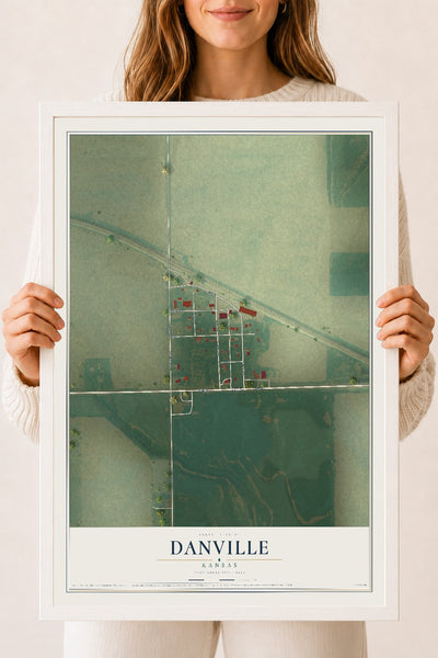 Map of Danville, Kansas, 18 x 24 inch print in a white wood frame