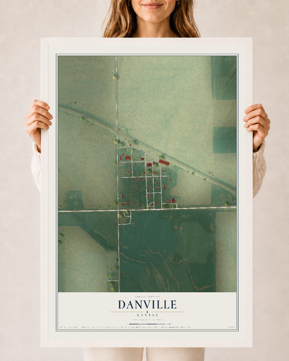 Map of Danville, Kansas, 24 x 36 inch print in a white wood frame