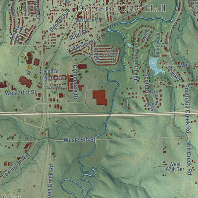 Close-up of the map of De Soto, Kansas print showing street and building detail