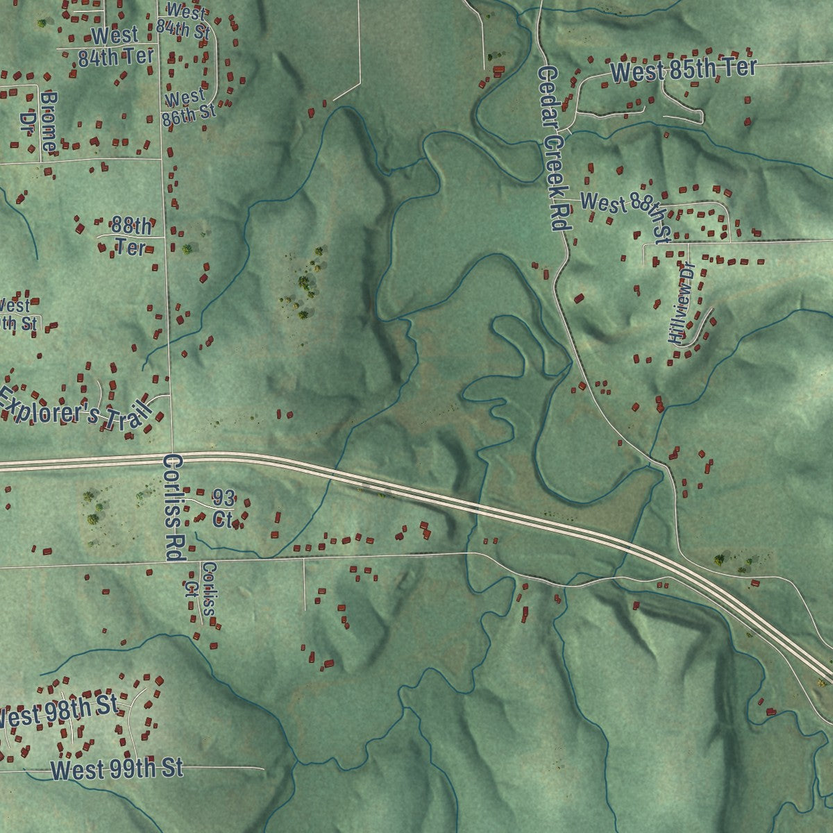 Second close-up of the map of De Soto, Kansas print showing more streets and buildings