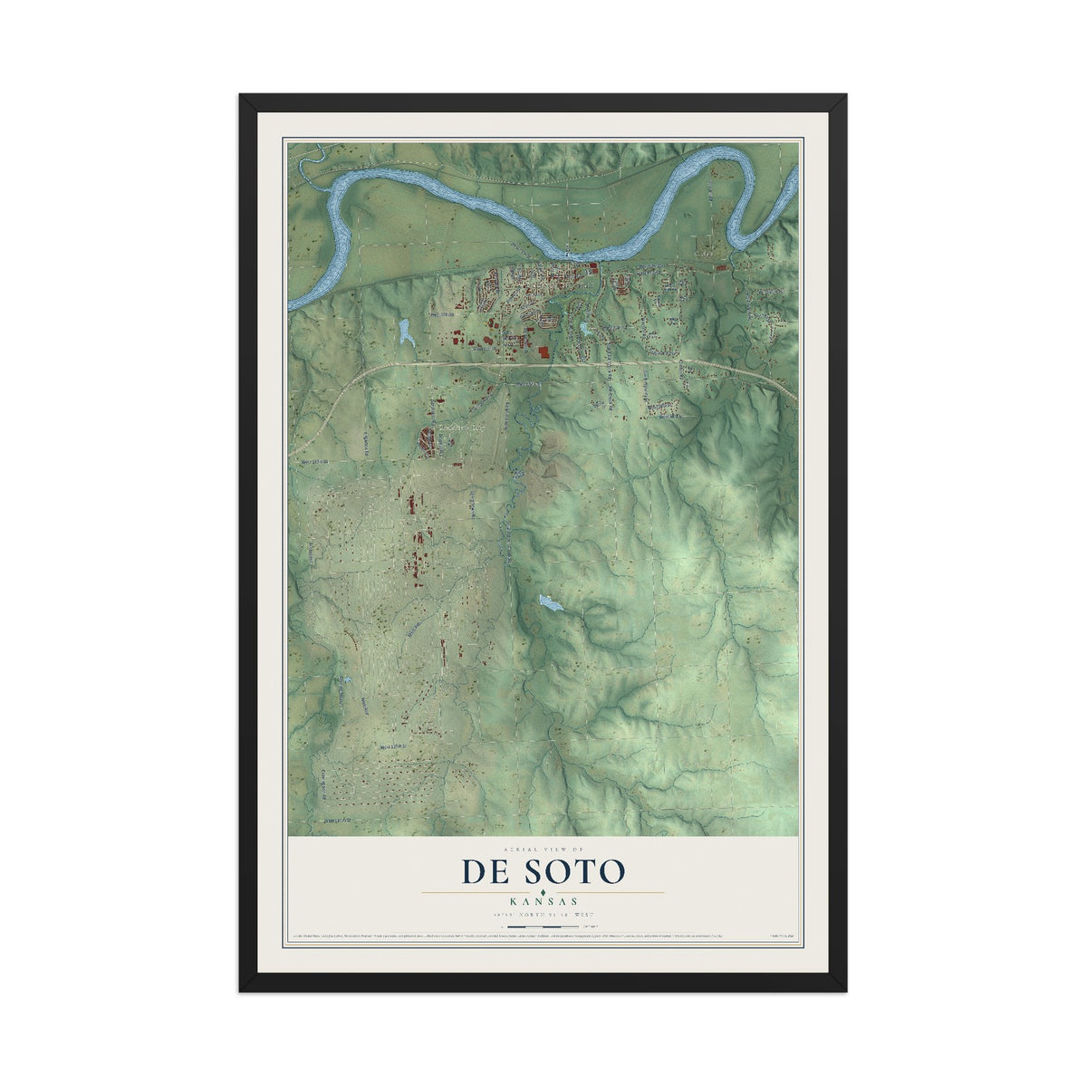 Map of De Soto, Kansas, 12 x 18 inch print in a black wood frame