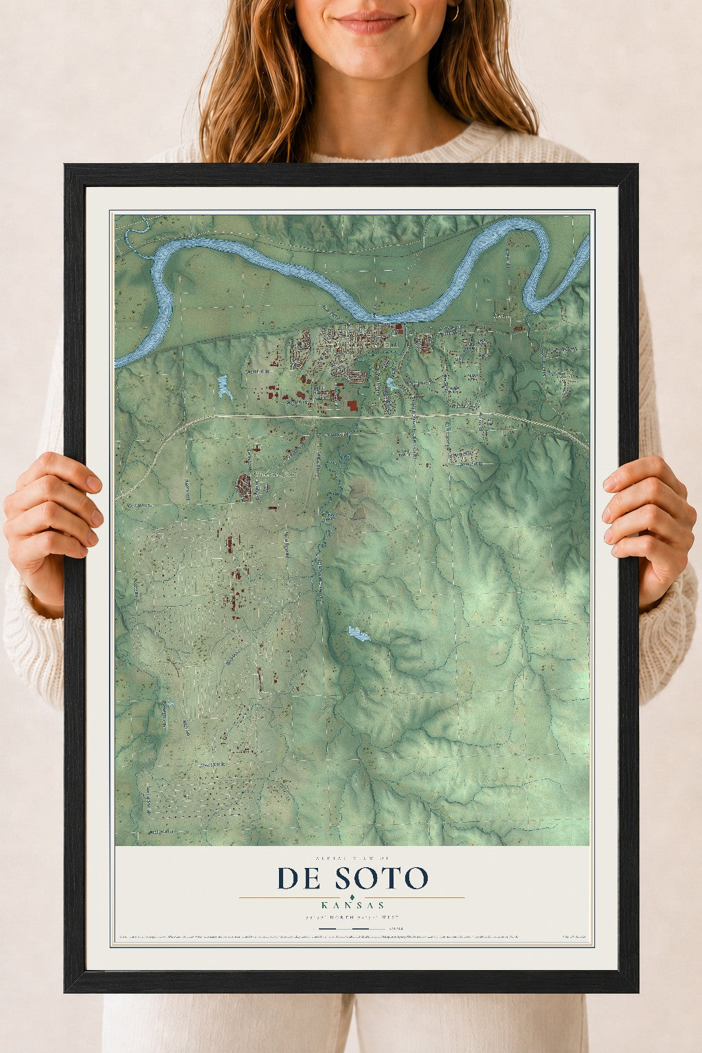 Map of De Soto, Kansas, 18 x 24 inch print in a black wood frame