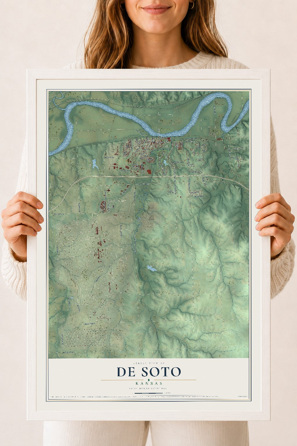 Map of De Soto, Kansas, 18 x 24 inch print in a white wood frame