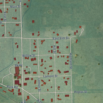 Close-up of the map of Dearing, Kansas print showing street and building detail