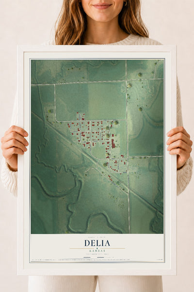 Map of Delia, Kansas, 18 x 24 inch print in a white wood frame