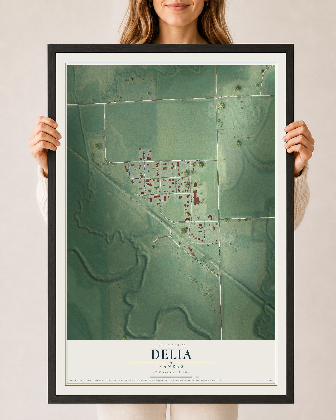 Map of Delia, Kansas, 24 x 36 inch print in a black wood frame