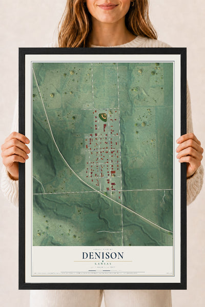 Map of Denison, Kansas, 18 x 24 inch print in a black wood frame