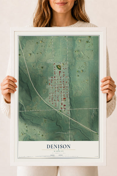 Map of Denison, Kansas, 18 x 24 inch print in a white wood frame