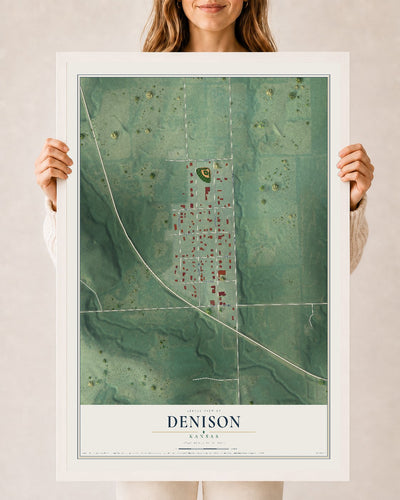 Map of Denison, Kansas, 24 x 36 inch print in a white wood frame
