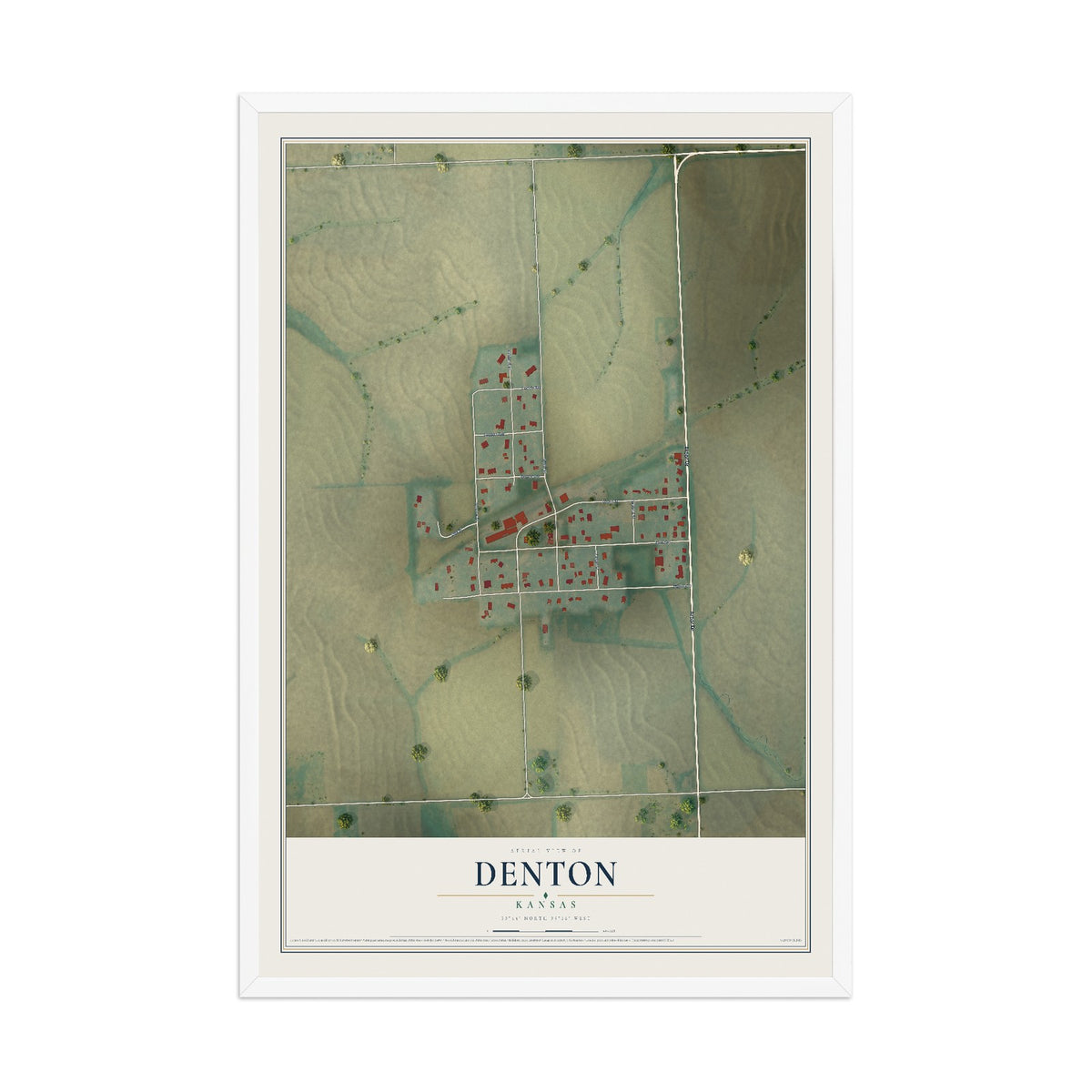 Map of Denton, Kansas, 12 x 18 inch print in a white wood frame