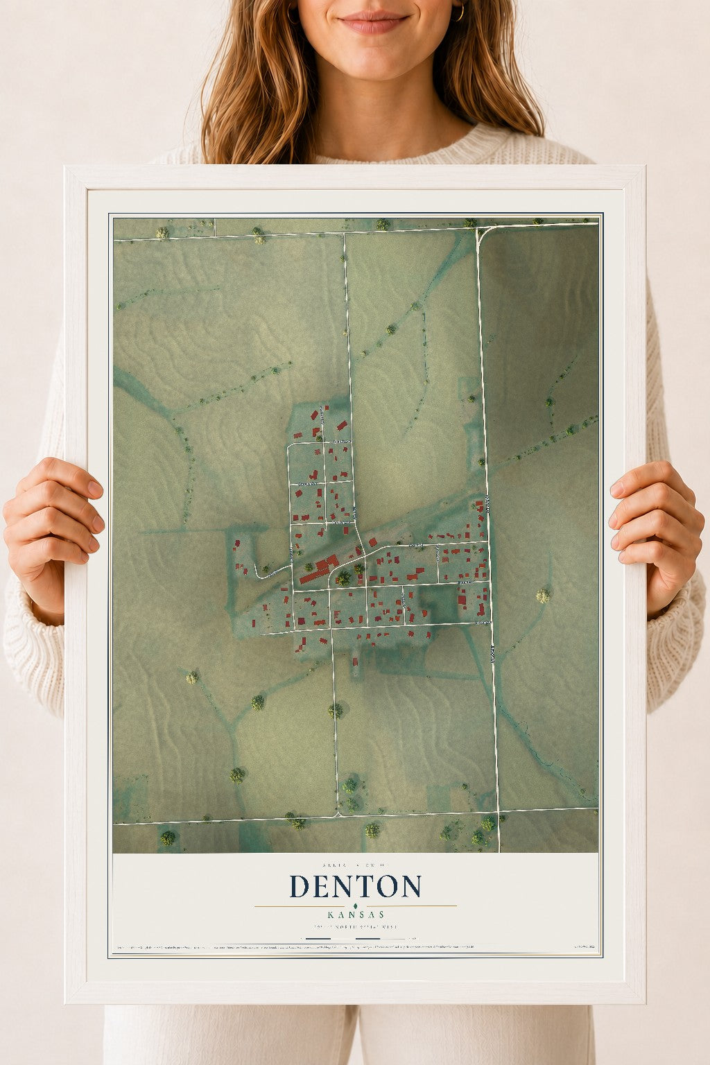 Map of Denton, Kansas, 18 x 24 inch print in a white wood frame