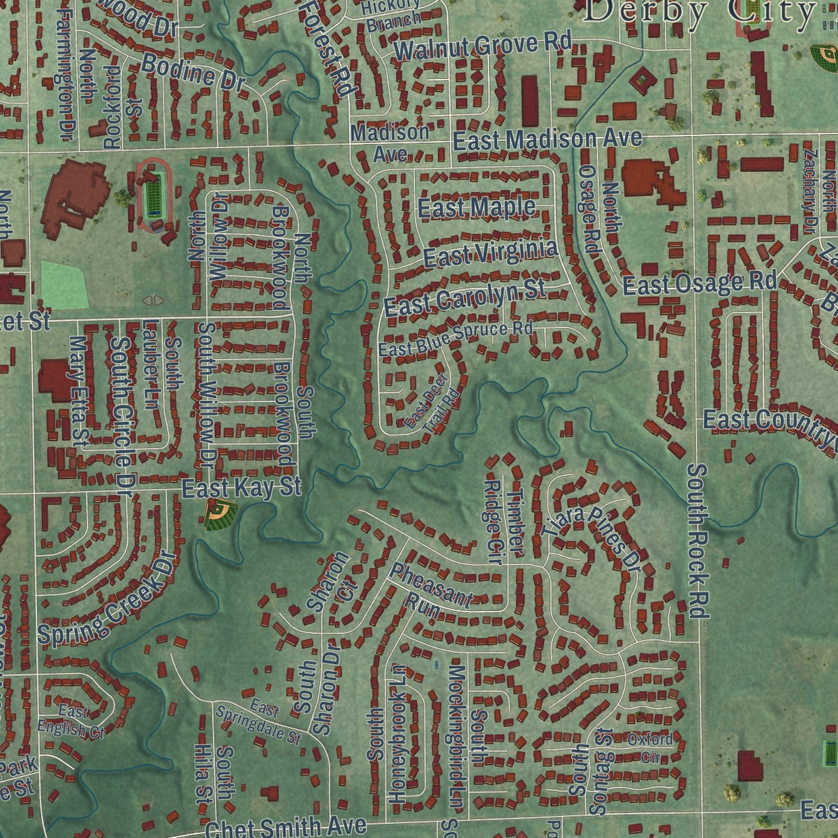 Second close-up of the map of Derby, Kansas print showing more streets and buildings