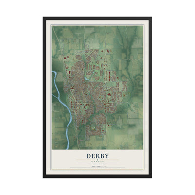Map of Derby, Kansas, 12 x 18 inch print in a black wood frame