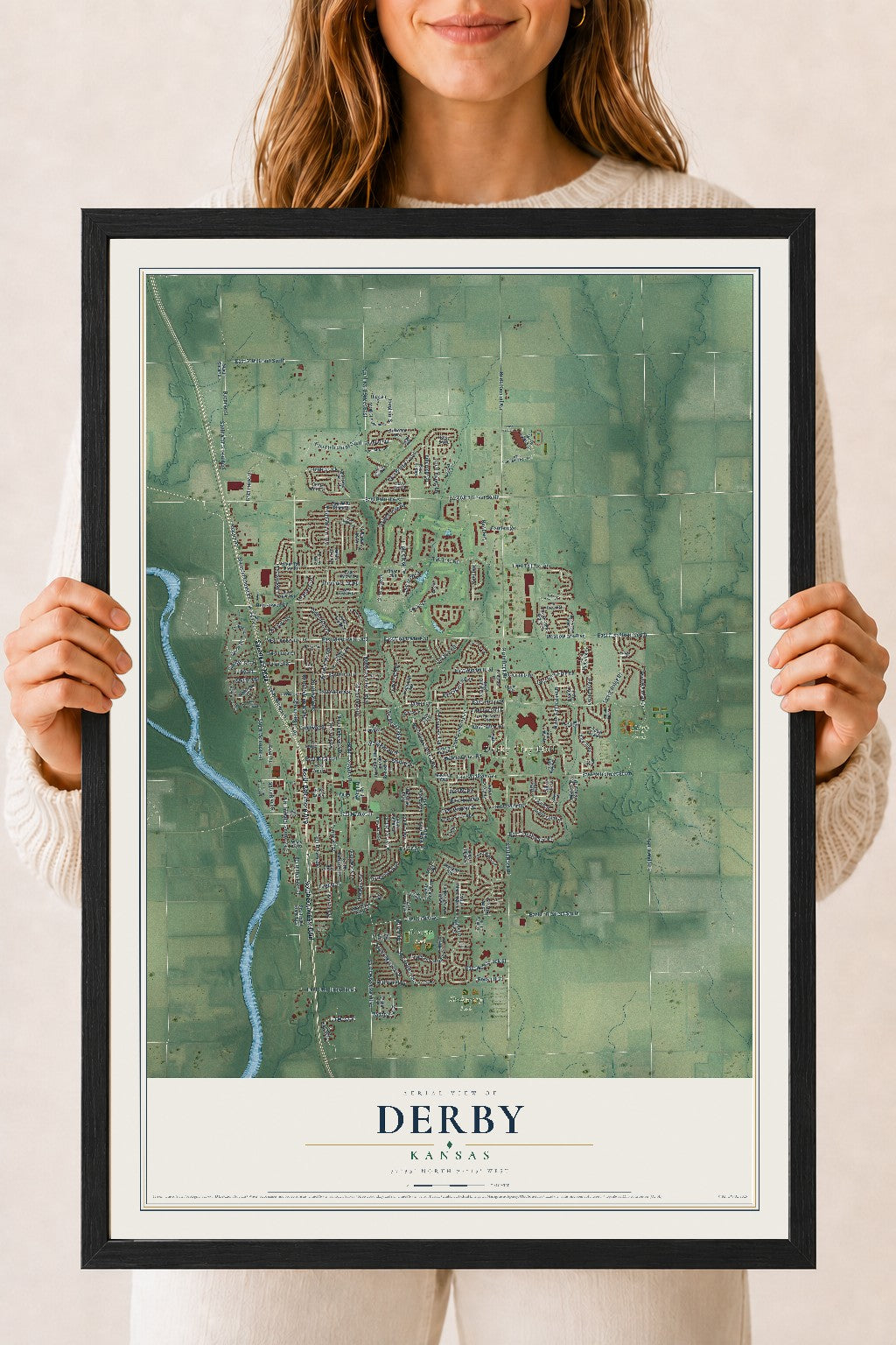 Map of Derby, Kansas, 18 x 24 inch print in a black wood frame