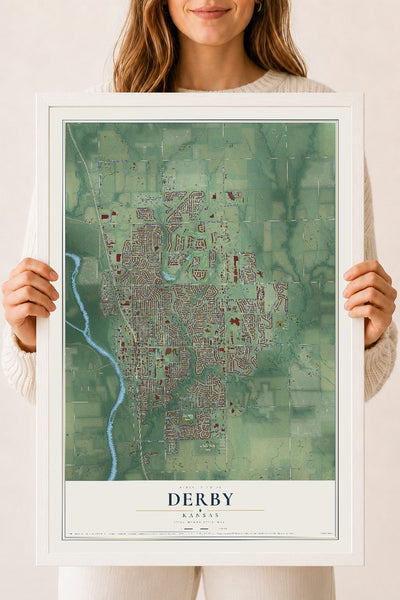 Map of Derby, Kansas, 18 x 24 inch print in a white wood frame