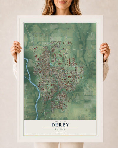 Map of Derby, Kansas, 24 x 36 inch print in a white wood frame