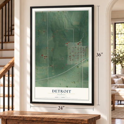 Detroit, Kansas map, 24 x 36 inch print in a black frame by a staircase